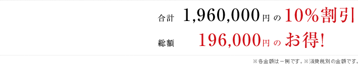 合計 1,960,000円の10%割引/総額 196,000円のお得!(※各金額は一例です。※消費税別の金額です。)