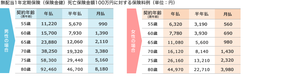 無配当1年定期保険（保険金建）死亡保険金額100万円に対する保険料例