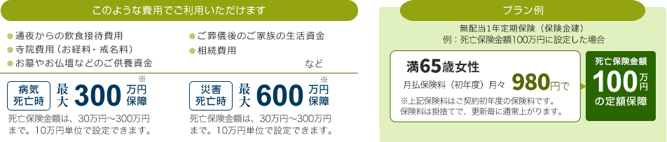 さらに安心少額短期保険/このような費用でご利用いただけます ●通夜からの飲食接待費用●寺院費用(お経料・戒名料)●お墓やお仏壇などのご供養資金●ご葬儀後のご家族の生活資金●生前の医療費●相続費用/病気死亡時 最大300万円保障/災害死亡時 最大600万円保障/プラン例 無配当1年定期保険(保険金建)例:死亡保険金100万円に設定した場合 60歳女性 ※半年に1度4,010円を支払い ご負担額(保険料)月々 668円で100万円の低額保障